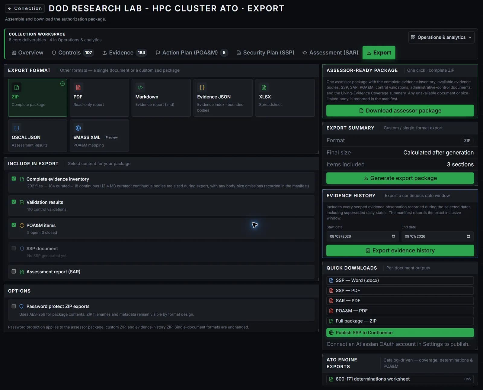 PolicyCortex package export with evidence inventory, validation results, SSP, SAR, POA&M, and export formats