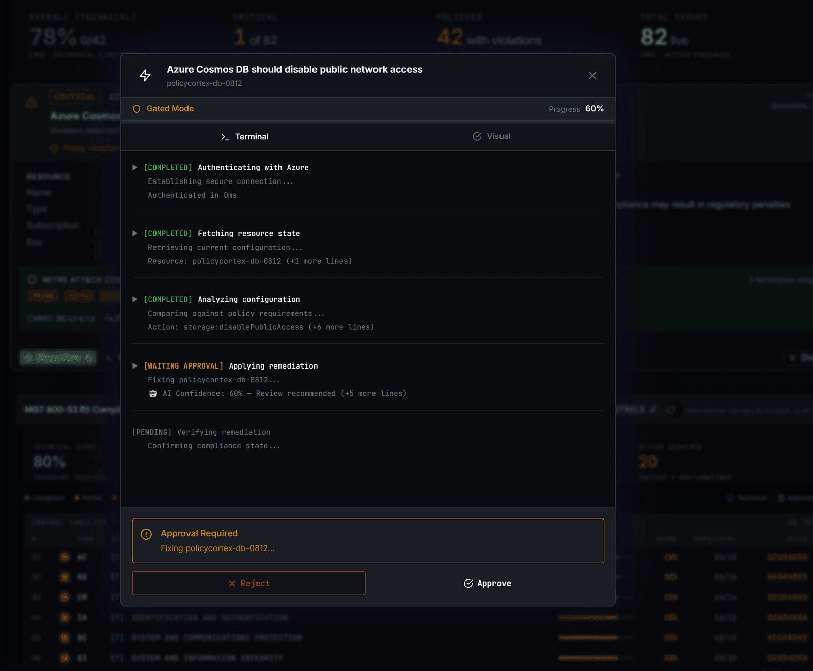 PolicyCortex autonomous remediation in Gated Mode — terminal stream showing Authenticating → Fetching resource state → Analyzing configuration → Waiting Approval, with AI confidence and Reject/Approve actions